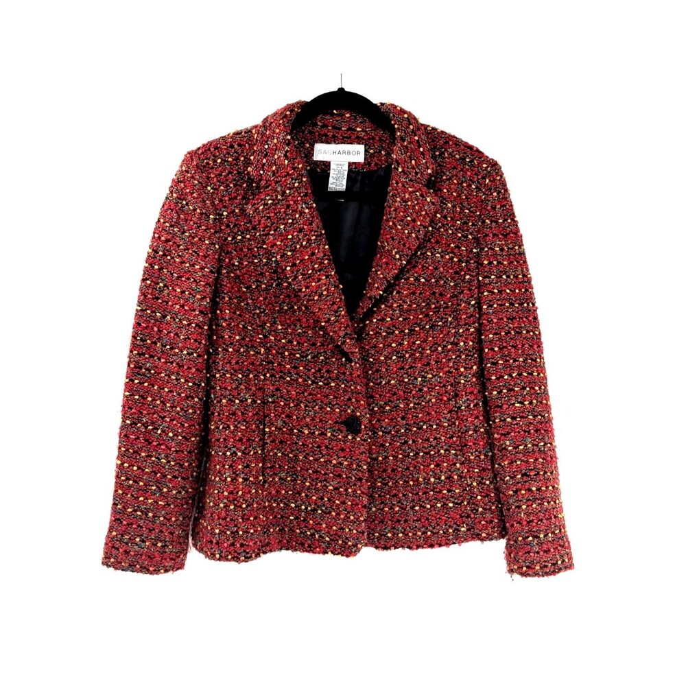 Sag Harbor Fuzzy Tweed Red Multi Lined Button Front Blazer Jacket Size 6/Medium
